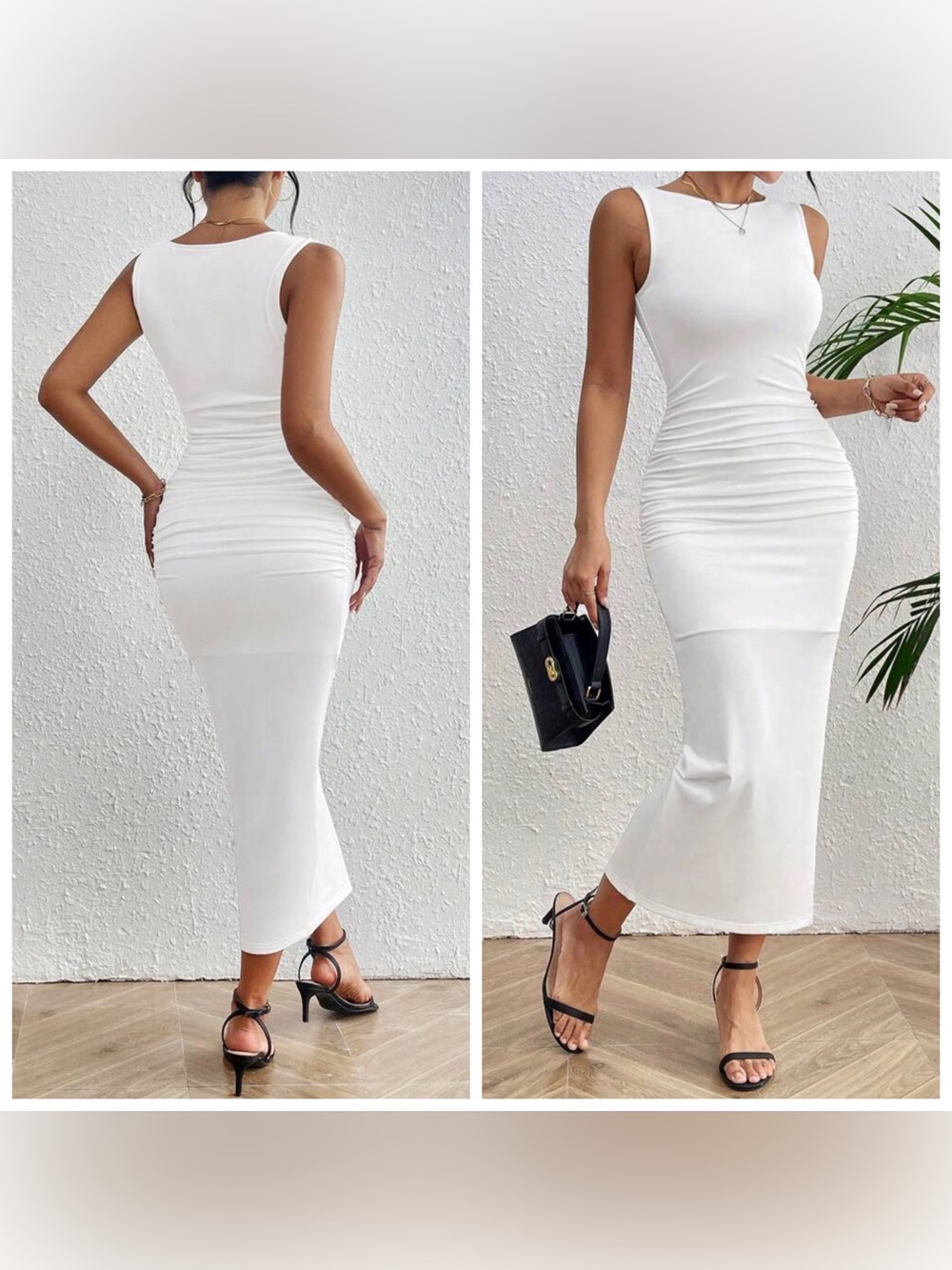 Slim Ruched Midi Dress - White